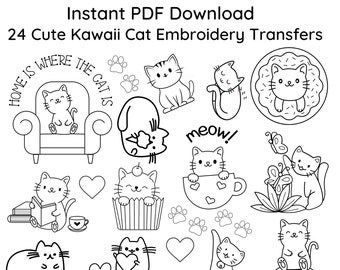 24 Cute Kawaii Cat BUNDLE Embroidery Transfers ~Pattern Only~ Instant PDF Download for DIY Printing on Stick & Stitch Stabilizer Sheets