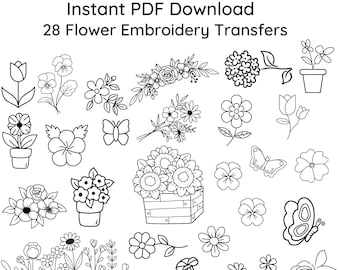 28 Flowers BUNDLE Embroidery Transfers ~Pattern Only~ Instant PDF Download for DIY Printing on Stick & Stitch Stabilizer Sheets