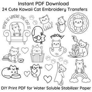 24 Cute Kawaii Cat BUNDLE Embroidery Transfers ~Pattern Only~ Instant PDF Download for DIY Printing on Stick & Stitch Stabilizer Sheets