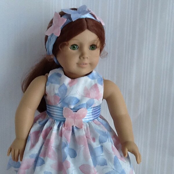American Girl 18 inch Doll Dress Blue Butterfly Print with Matching Butterfly Headband ~FREE SHIPPING~