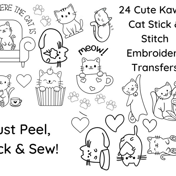 24 Cute Cat Hand Embroidery Design Patterns on Stick and Stitch Water Soluble Stabilizer-Ready to Use Peel Stick & Sew