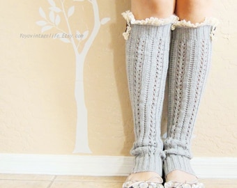Beautiful Christmas gift. gray leg warmers,Cute lacy leg warmers,Birthday gift for her.handmade light gray boots long cuffs with cute lace