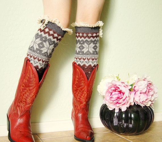 Christmas Gift for her, Brithday gift,Lacy Gray with brown Leg Warmers.leg warmers with cute lace,boots socks,boots long cuffs, gift for her