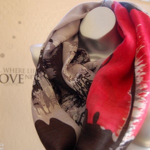 Beautiful gift for her! 100% Wool infinity scarf,cute Gray with red ,black print scarf, handmade wool scarf,Modern Wool scarf