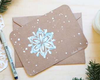Original Handmade Linocut Snowflake Flat Christmas Card - Advent Calendar Day 21 - The Gift of Myrrh-Inspired Snowflake Card