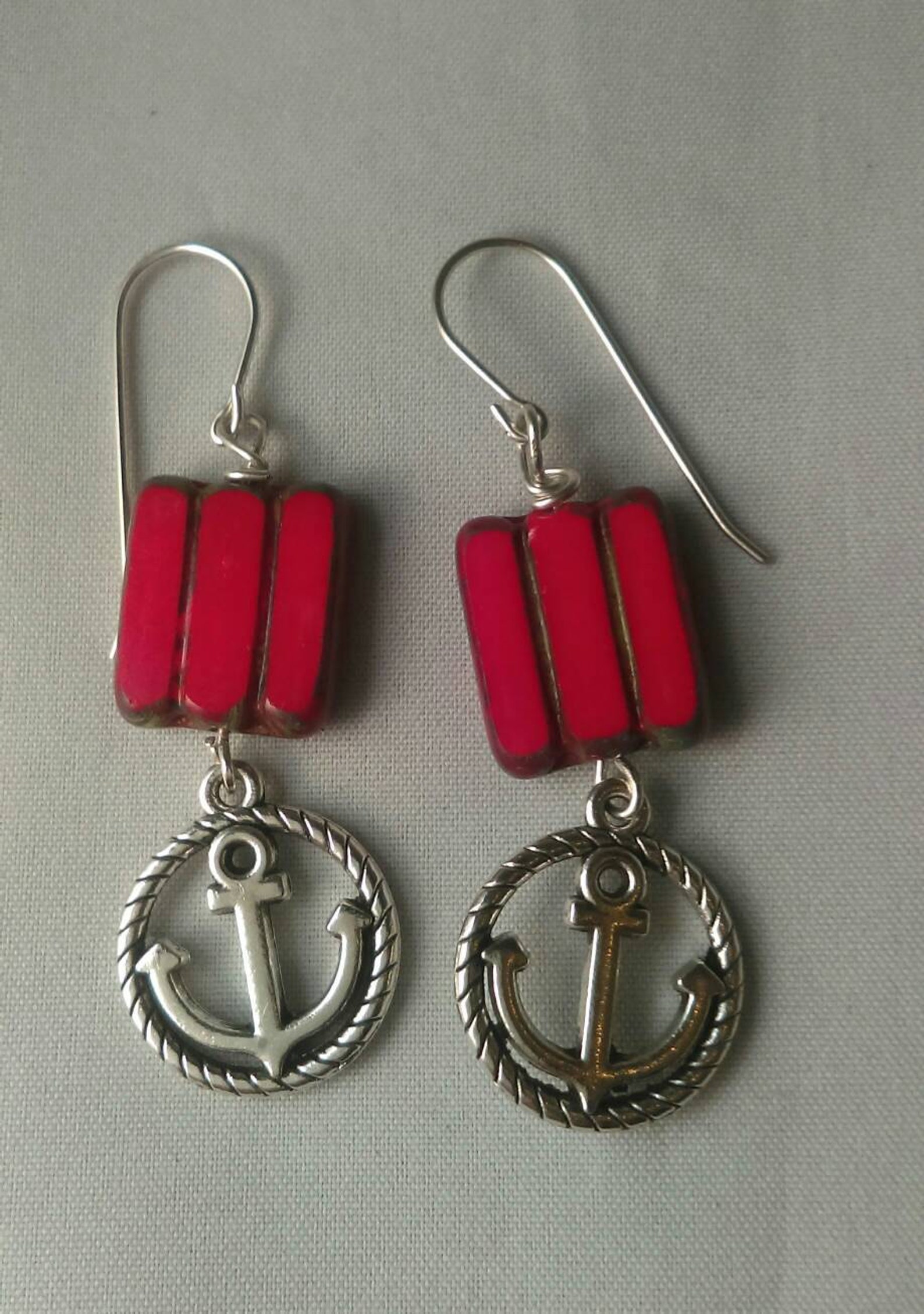 Anchor earrings nautical earrings red bead earrings dangle Etsy