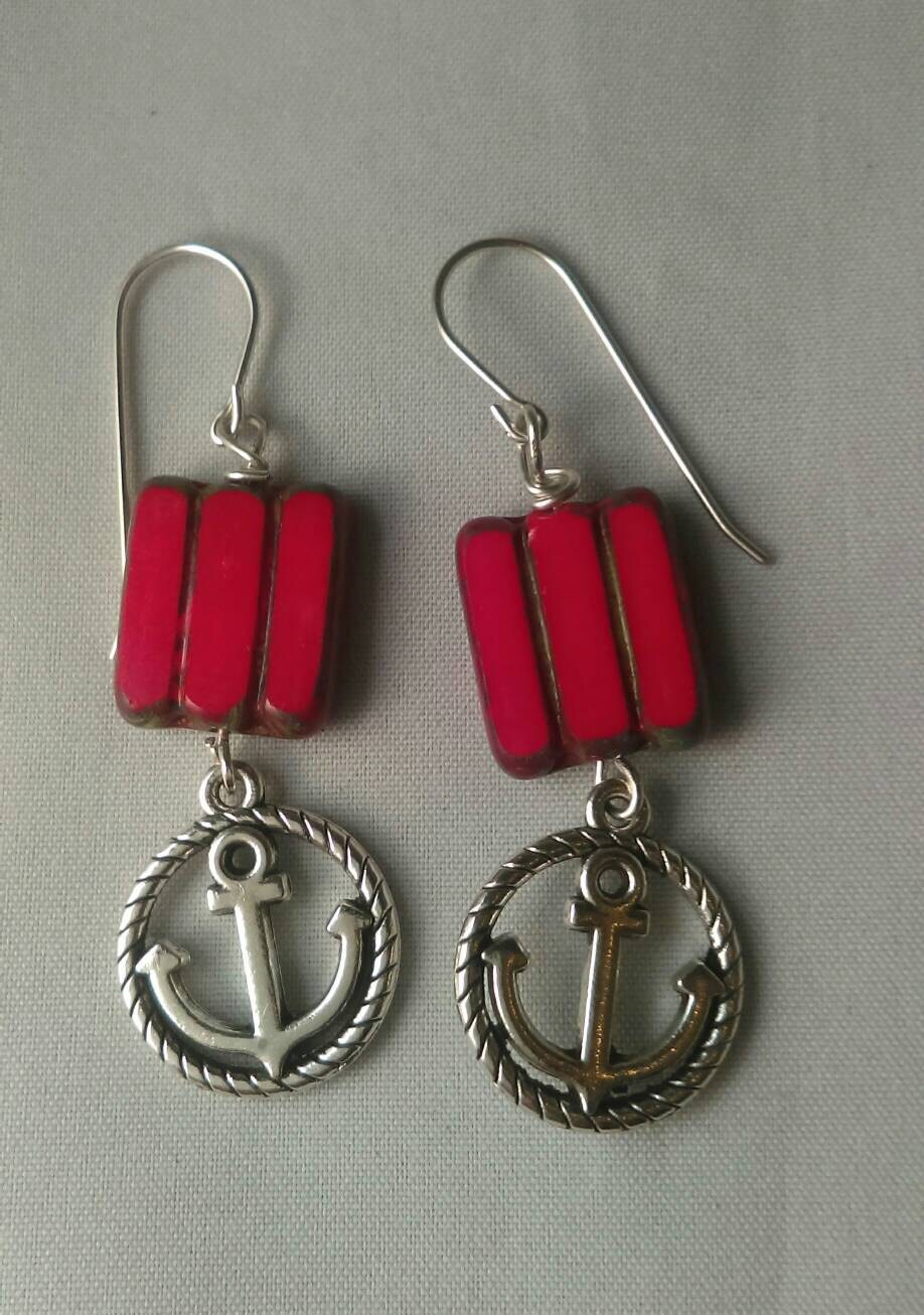 Anchor earrings nautical earrings red bead earrings dangle Etsy