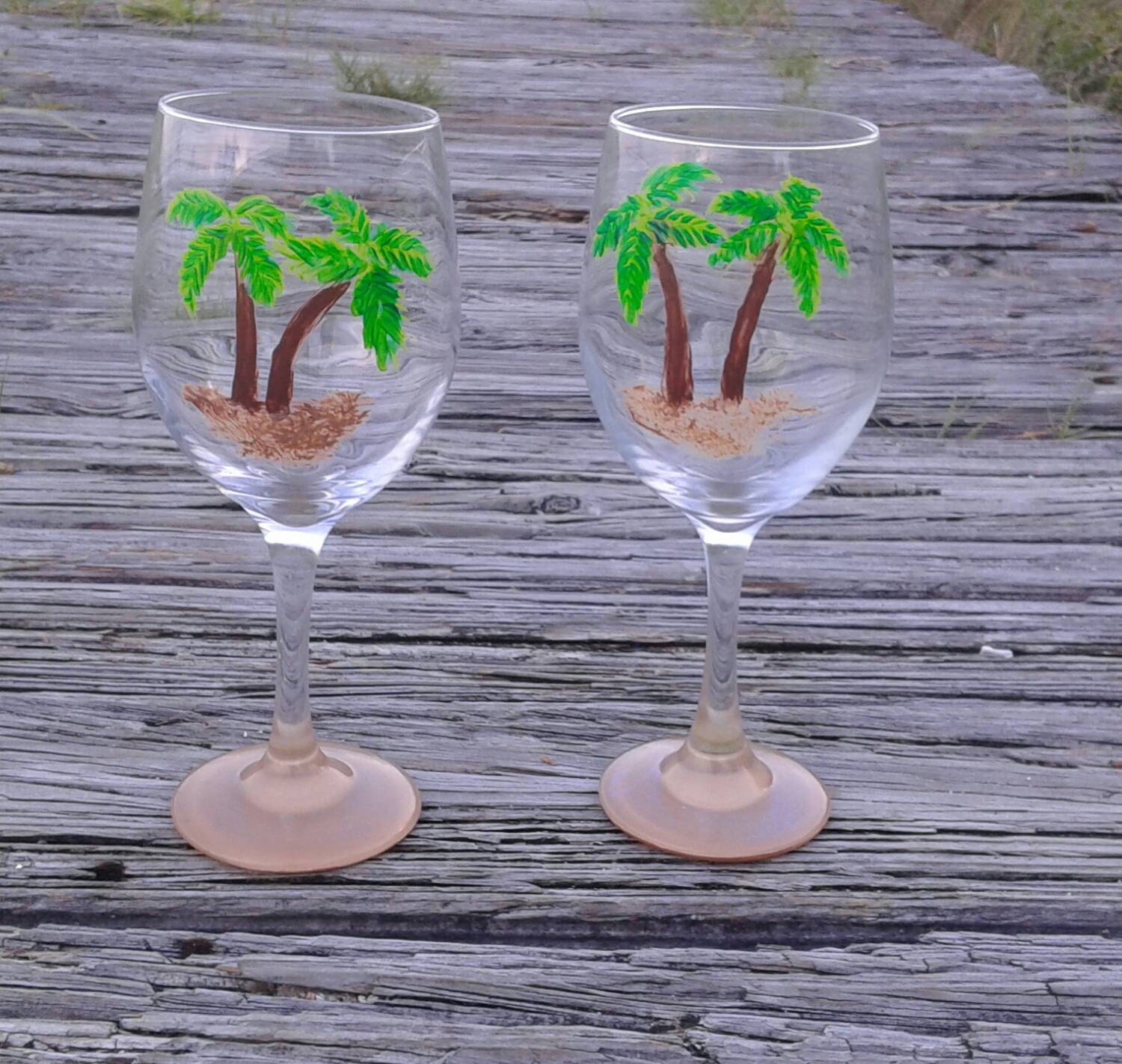 Palm tree wine glasses Set of two hand painted palm tree wine Etsy
