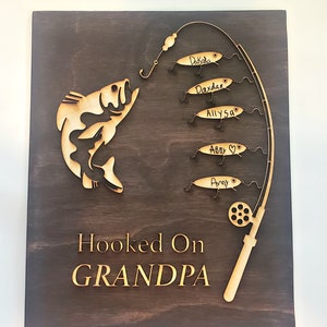 Gift for Grandpa, Fish Sign, Grandpa Sign, Fathers Day Gift, Hooked on, Personalized Father's Day Sign 1-5 Lures Up to 15 Names on 5 Lures
