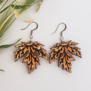 Wood Maple Leaf Engraved Natural Rustic Dangle Hypoallergenic Light weight Earrings