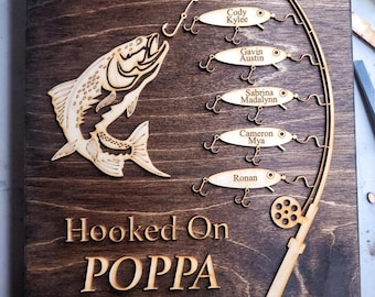 Hooked on Papa Grandpa Dad Father's Day Birthday Plaque Sign Personalized Customized Fishing Trip Gift For Him 1-5 Lures Up to 15 Names