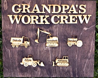 Grandpa’s Work Crew Sign | Personalized Construction Grandkids Gift | Tractor & Truck Name Plaque for Papa | Father's Day Gift for Pops