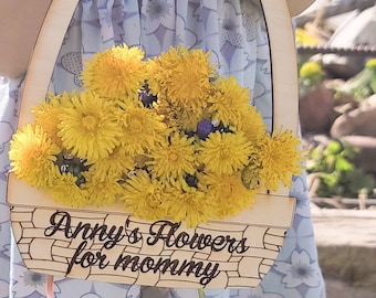 Flowers for Mommy, Mothers Day Personalized Flower Basket, Engraved Wooden Basket, Child Name Gift
