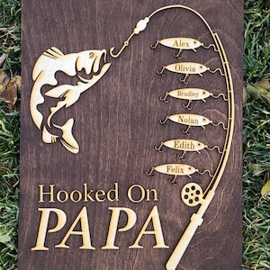 Gift for Papa Hooked on Grandpa Papa Dad Birthday Sign Personalized Customized Fishing Trip Gift 1-8 Lures Up to 24 names Large Family