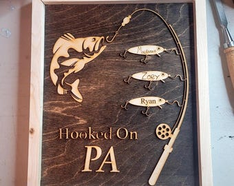 Hooked on Grandpa Papa Dad Father's Day Birthday Plaque Sign Personalized Customized Fishing Trip Gift For Him 1-5 Lures Up to 15 Names