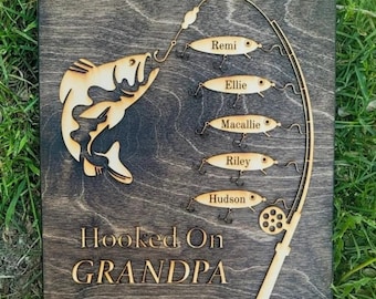 Hooked on Grandpa Papa Dad Father's Day Birthday Sign Personalized Customized Fishing Trip Gift For Him 1-5 Names