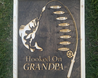 Fathers Day Gift for Papa Gift from Grandkids Fishing Hooked On Grandpa Sign Personalized with Granchildren Names