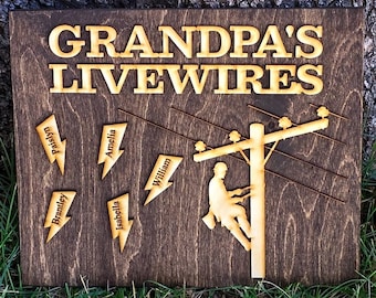 Personalized Lineman Grandpa Sign, Grandpa’s Livewires Gift, Utility Worker Papa Plaque, Pawpaw Electrical Lineman Family Sign for Dad