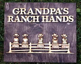 Grandpa's Ranch Hands Sign, Personalized Grandpa Gift, Cowboy Grandkids Sign, Rustic Farmhouse Decor, Gift for Grandpa, Father-in-law Gift