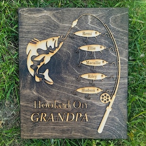 Hooked on Grandpa Papa Dad Father's Day Birthday Plaque Sign Personalized Customized Fishing Trip Gift For Him 1-5 Lures Up to 15 Names