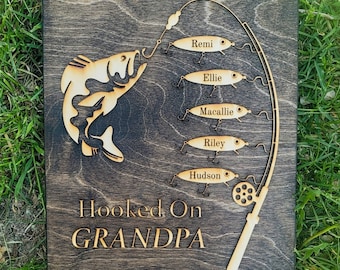 Hooked on Grandpa Papa Dad Father's Day Birthday Plaque Sign Personalized Customized Fishing Trip Gift For Him 1-5 Lures Up to 15 Names