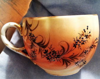1930 Oversized Cup & Saucer Hand painted Gold trimmed numbered piece Makers mark Identifier 7023 l/7090# earthy pattern scalloped