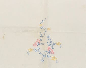 Vintage Linens  Heavy duty Cotton Tea Towel with Butterfly Hand Embroidery Circa 1960 Blue Pink