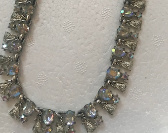 Vintage Coro Aurora Borealis Necklace  - unique design - rhinestones intermingled with small metal pieces