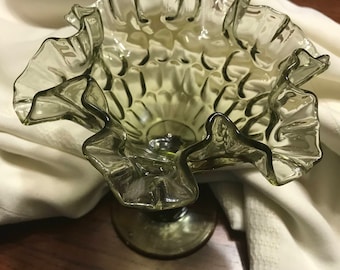 Fenton Possible Ribbon Edged Green Glass Compote Thumbprint Pattern Vintage Glass Vintage China