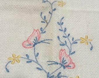 Vintage Hand Embroidered Butterfly Tea Towel: 1960s Cotton Linen