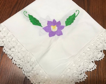 Vintage Table Cloth Purple Clematis Hand Crocheted Lace Linens Hand Made