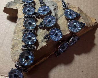 Vintage Blue Glass Rhinestone Necklace Bracelet Set – 1950s Demi Parure