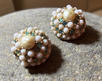 Vintage Bergere Rhinestone Clip Earrings: Pearl & Milk Glass, Aqua Accents