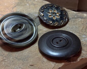 Bubble Top Vintage Buttons Collectors Three Large Buttons Early 1900's Bakelite Metal Vegetable