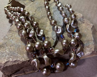 1950s Champagne Three Strand Necklace: Aurora Borealis Accents, Vintage Bead Jewelry