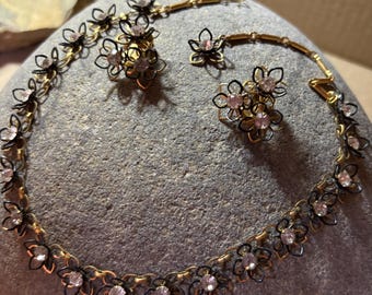 Vintage KRAMER Rhinestone Demi Parure: Black Enameled Necklace and Earrings