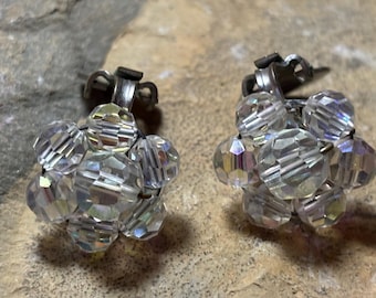 Crystal Bead Clip On Earrings 1950s Aurora Borealis