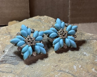 Bogoff Makers Mark,  Clip-On Earrings,  Turquoise and clear stones,Day-to-Night Wear 1950s Vintage