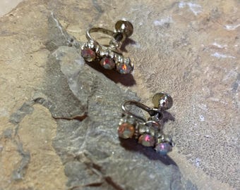 Aurora Borealis Earrings Vintage Rhinestone -Three stones Screw Back 1950 Stones firmly seated