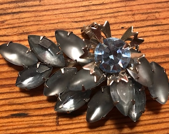 Rhinestone Brooch Smokey Blue Marquis Rhinestones- Gorgeous Shape and Color - Circa 1940