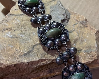 Mexico Silver (900) and Varigated Green Stone Handmade Bracelet