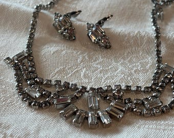 Crystal Clear Bogoff  Emerald Cut Rhinestone Necklace and Earrings