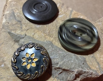 Bubble Top Vintage Buttons Collectors Three Large Buttons Early 1900's Bakelite Metal Vegetable