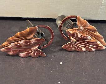Copper Double leaf earrings, Makers Mark RENOIR