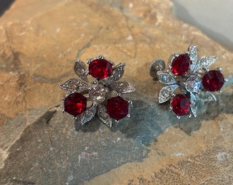 Bogoff Red Floral Rhinestone Screw-Back Earrings – Mid Century Modern Silver Tone