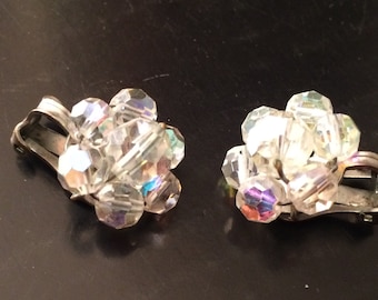 1950s Aurora Borealis Crystal Bead Clip On Earrings
