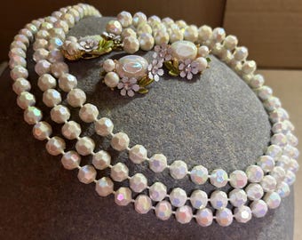 Vintage Selini Aurora Borealis Bead Necklace and Clip Earrings Set