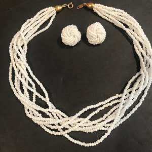 Trifari TM tiny white glass bead necklace and clip earrings Circa 1980 Makers Mark