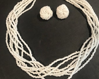 Trifari TM tiny white glass bead necklace and clip earrings Circa 1980 Makers Mark