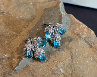 Sterling silver Rodium plated  Bogoff earrings with Turquoise Emerald cut stones